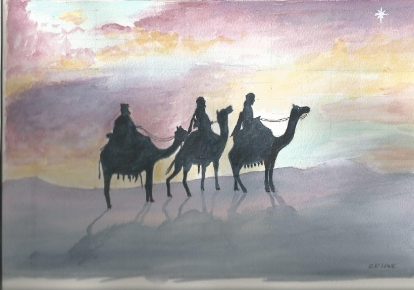 Three Wise Men travel to visit the Baby Jesus